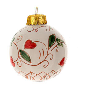 Christmas ball with red hearts, decorated Deruta terracotta, 60 mm