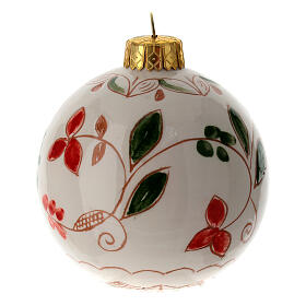 Christmas ball with red and green leaves, decorated Deruta terracotta, 80 mm