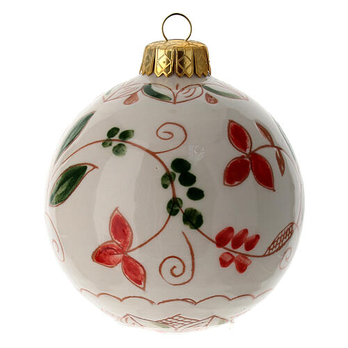 Boule de Noël feuilles rouges et vertes terre cuite Deruta décorée 80 mm 1