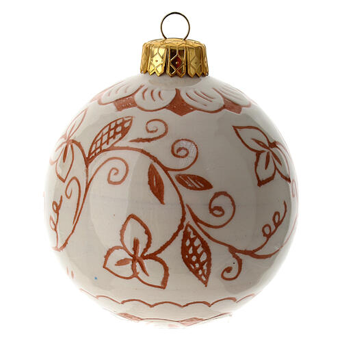 Christmas ball with floral pattern, cream-coloured Deruta terracotta, 60 mm 1