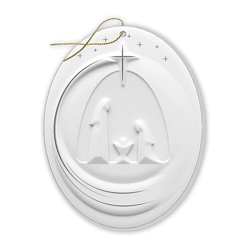 Oval white Christmas ornament with modern Nativity, 3.5x3 in 1