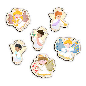 Wood Christmas ornaments with angels, cartoon style, 5x3 in