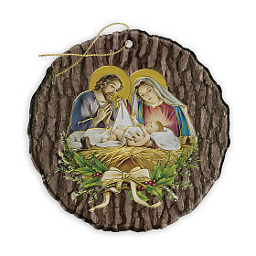 Round Christmas ornament with Nativity on bark pattern, 3.5 in