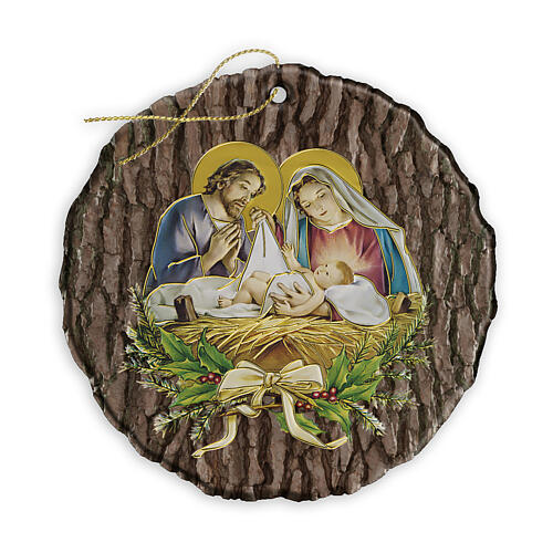 Round Christmas ornament with Nativity on bark pattern, 3.5 in 1