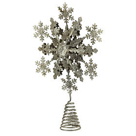 Silver glittery metal tree topper, snowflake-shaped, 12 in