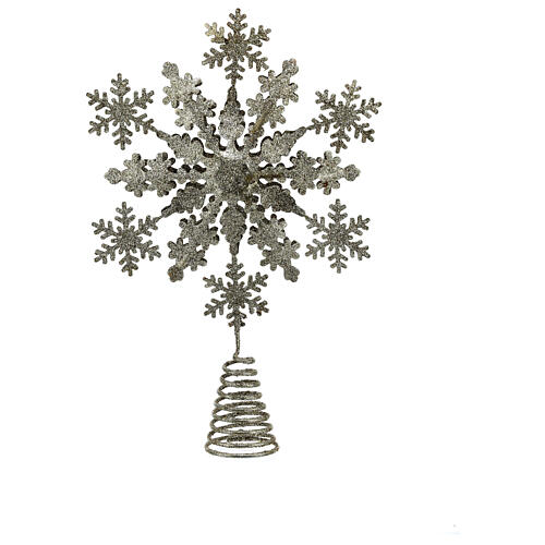 Silver glittery metal tree topper, snowflake-shaped, 12 in 1
