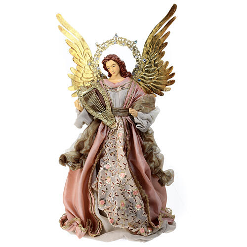 Anioł z harfą ze szkrzydłami, szaty różowe złote, szpic choinkowy h 45 cm 1
