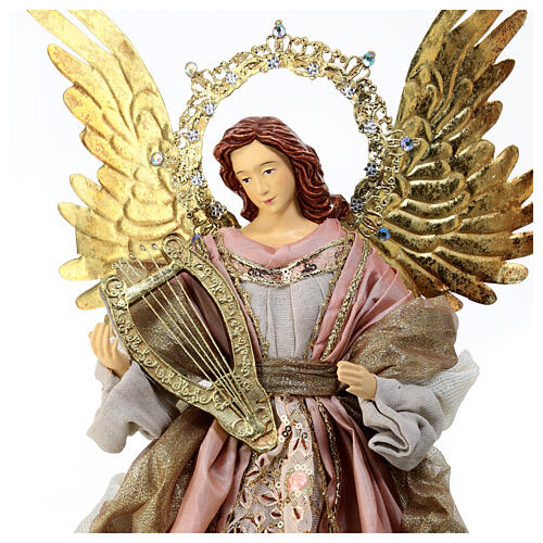 Anioł z harfą ze szkrzydłami, szaty różowe złote, szpic choinkowy h 45 cm 2