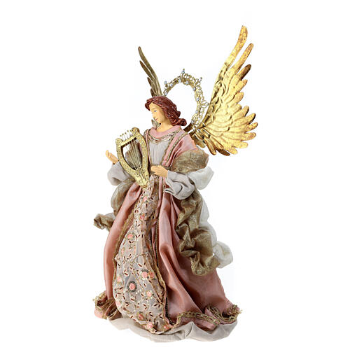 Anioł z harfą ze szkrzydłami, szaty różowe złote, szpic choinkowy h 45 cm 3