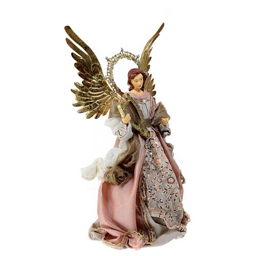 Anioł z harfą ze szkrzydłami, szaty różowe złote, szpic choinkowy h 45 cm 4