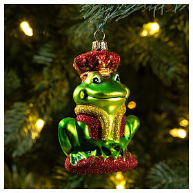 Crowned frog, blown glass Christmas ornament, 4 in