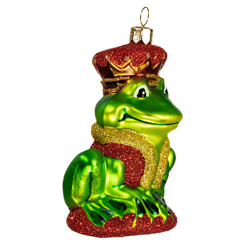 Crowned frog, blown glass Christmas ornament, 4 in 4