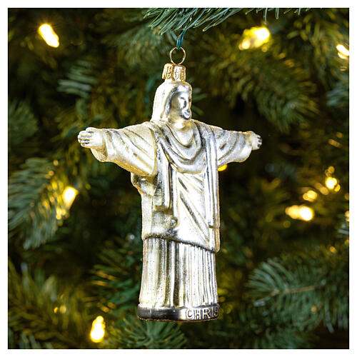 Cristo Redentor vidro soprado enfeite árvore Natal 12 cm 2