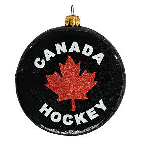 Canadian hockey puck, blown glass Christmas ornament, 4 in