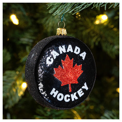 Canadian hockey puck, blown glass Christmas ornament, 4 in 2