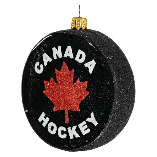 Canadian hockey puck, blown glass Christmas ornament, 4 in 3