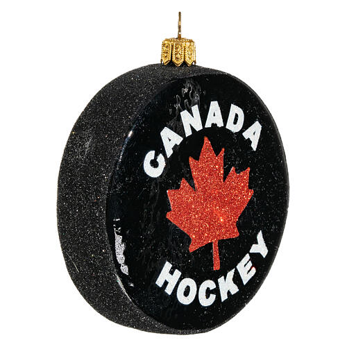 Canadian hockey puck, blown glass Christmas ornament, 4 in 4