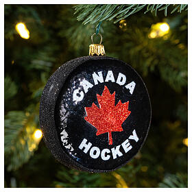 Palet de hockey canadien 10 cm verre soufflé ornement sapin de Noël