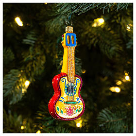 Mexican acoustic guitar, blown glass Christmas ornament, 4 in