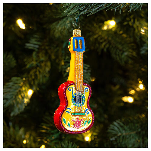 Mexican acoustic guitar, blown glass Christmas ornament, 4 in 2