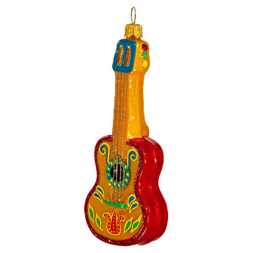 Mexican acoustic guitar, blown glass Christmas ornament, 4 in 3