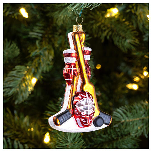 Hockey set, blown glass, Christmas tree ornament, 4 in 2