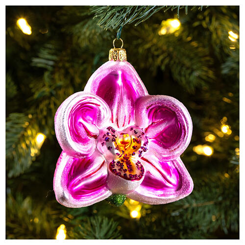 Rosa Orchidee, Weihnachtsbaumschmuck aus mundgeblasenem Glas, 10 cm 2
