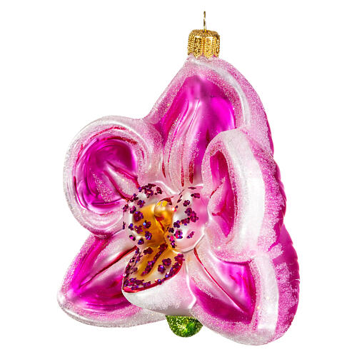 Pink orchid, blown glass, Christmas tree ornament, 4 in 3