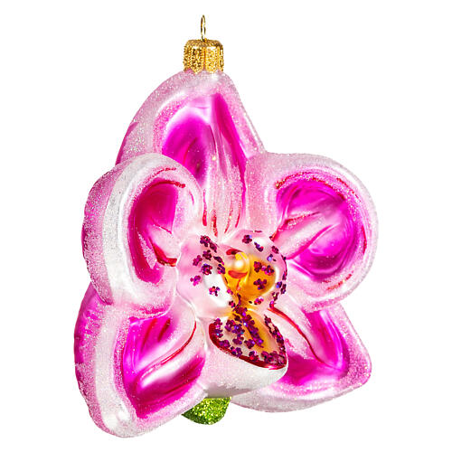 Pink orchid, blown glass, Christmas tree ornament, 4 in 4