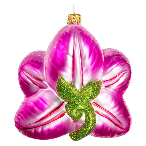 Pink orchid, blown glass, Christmas tree ornament, 4 in 5