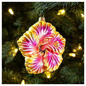 Yellow hibiscus flower, blown glass, Christmas tree ornament, 4 in