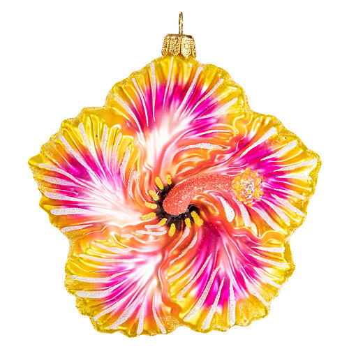 Yellow hibiscus flower, blown glass, Christmas tree ornament, 4 in 1