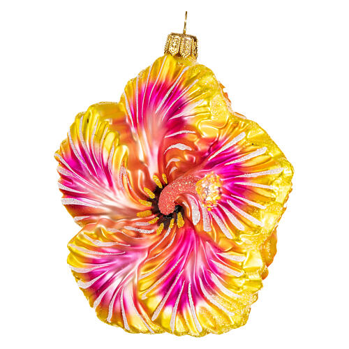 Yellow hibiscus flower, blown glass, Christmas tree ornament, 4 in 3