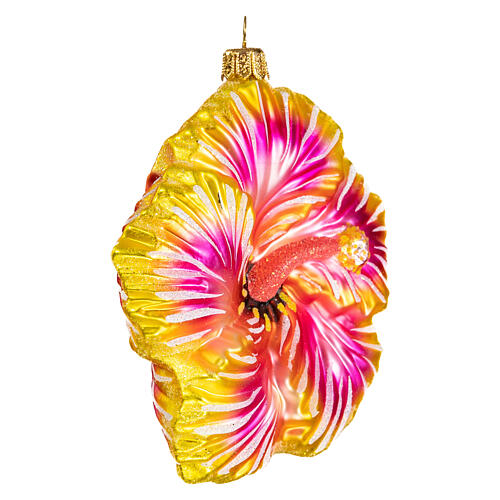 Yellow hibiscus flower, blown glass, Christmas tree ornament, 4 in 4