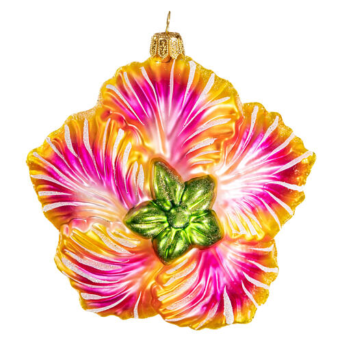 Yellow hibiscus flower, blown glass, Christmas tree ornament, 4 in 5