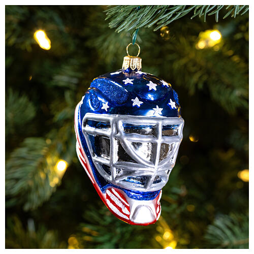 Hockey helmet, blown glass, Christmas tree ornament, 4 in 2