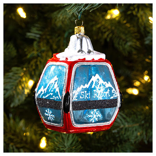 Cable car cabin, Christmas tree decoration, blown glass, 4 in 2