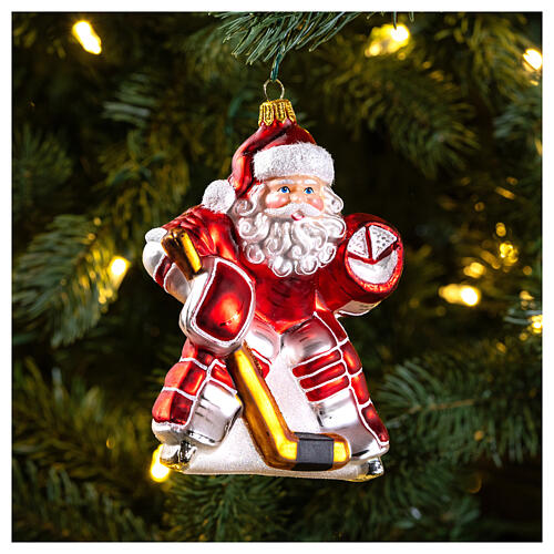 Weihnachtsmann, Hockey spielend, Weihnachtsbaumschmuck aus mundgeblasenem Glas, 10 cm 2