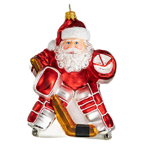 Santa hockey player, 4 in, blown glass Christmas ornament 1