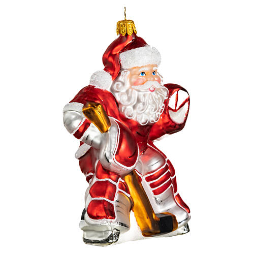 Santa hockey player, 4 in, blown glass Christmas ornament 4