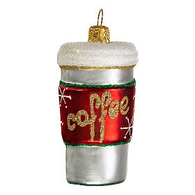 Coffee takeaway cup, 2 in, Christmas tree ornament, blown glass