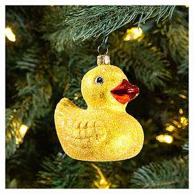 Rubber duck with glitter blown glass Christmas ornament 10 cm