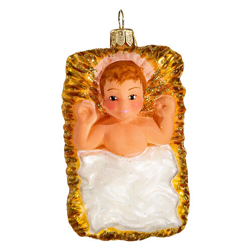 Baby Jesus in manger blown glass Christmas ornament 10 cm 1