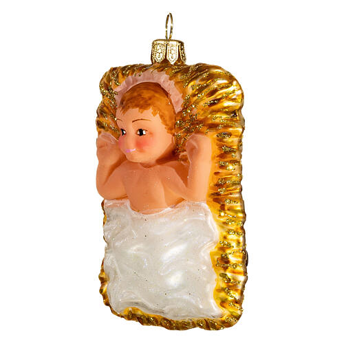 Baby Jesus in manger blown glass Christmas ornament 10 cm 3