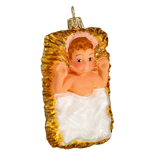 Baby Jesus in manger blown glass Christmas ornament 10 cm 4