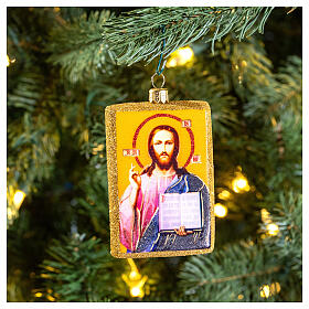 Christ Pantocrator icon, blown glass, 4 in, Christmas tree decoration