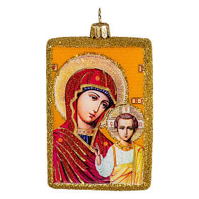 Mother of God icon, blown glass, 4 in, Christmas tree decoration