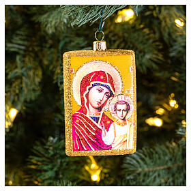 Mother of God icon, blown glass, 4 in, Christmas tree decoration