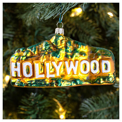 Hollywood sign, blown glass ornament for Christmas tree, 4 in 2