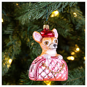 Chihuahua in a bag, blown glass ornament for Christmas tree, 4 in
